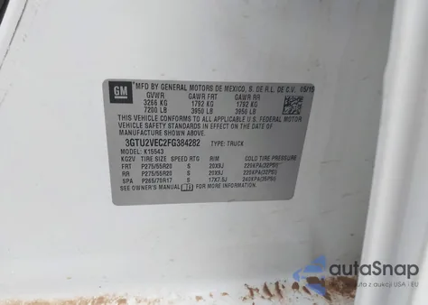 2015 GMC Sierra 1500 Slt z USA, uszkodzony, nr VIN 3GTU2VEC2FG384282